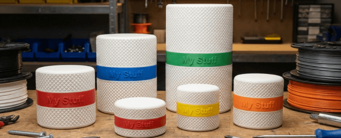 A collection of various sized 3D printed screw-top containers with textured white bodies and colorful 'My Stuff' middle rings on a wooden workbench with tools.