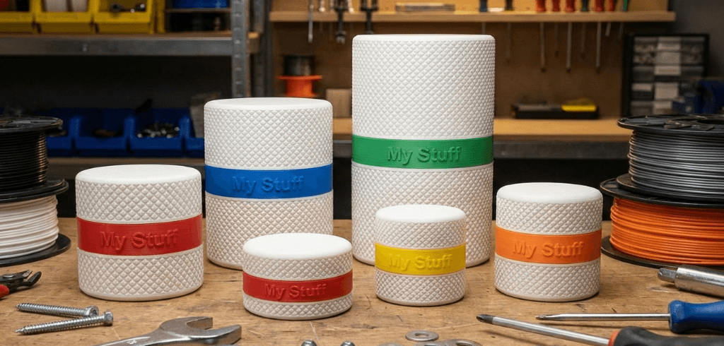 A collection of various sized 3D printed screw-top containers with textured white bodies and colorful 'My Stuff' middle rings on a wooden workbench with tools.