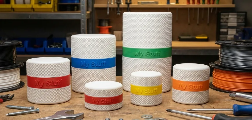 A collection of various sized 3D printed screw-top containers with textured white bodies and colorful 'My Stuff' middle rings on a wooden workbench with tools.