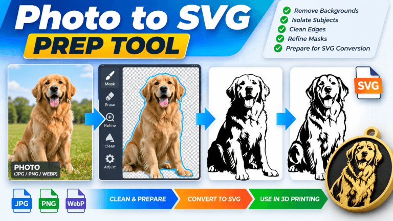 Photo to SVG Prep Tool showing a photo being cleaned, isolated and prepared for SVG conversion and 3D printing