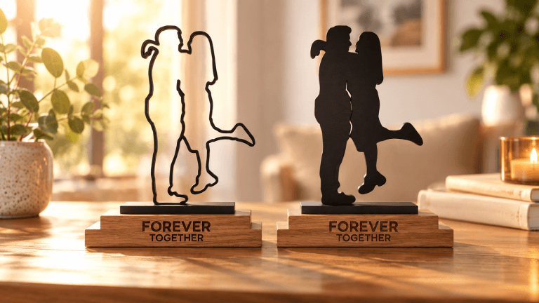 Custom silhouette art maker showing hollow outline and filled couple silhouettes on personalized “Forever Together” stands