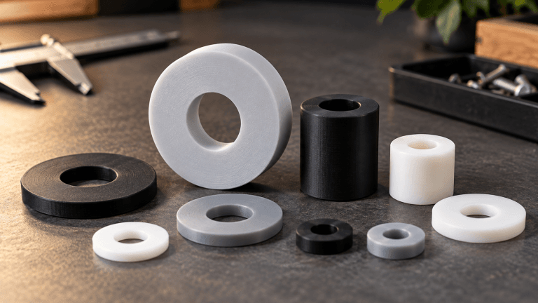 Custom 3D printed washers and spacers in multiple sizes displayed on a workshop surface