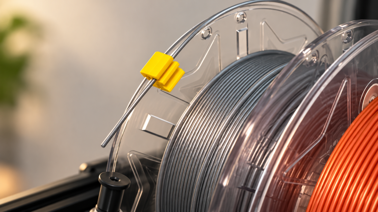 Realistic clear 3D-printer filament spool wound with gray filament, with a yellow printed rim clip retaining the filament end and a matching loose clip on a wooden workbench.