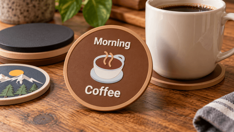 Custom 3D printed coffee coaster with “Morning Coffee” text and coffee cup artwork displayed beside a mug on a wooden table