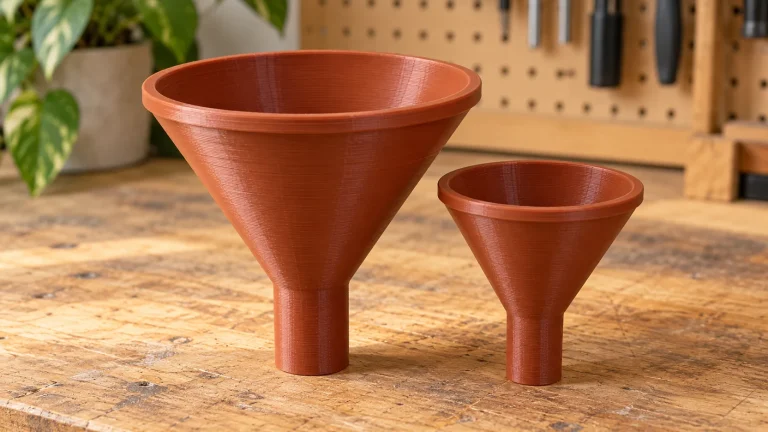 Two terracotta 3D-printed hollow funnels of different sizes with reinforced rims, tapered cones and straight outlet spouts on a wooden maker workbench.