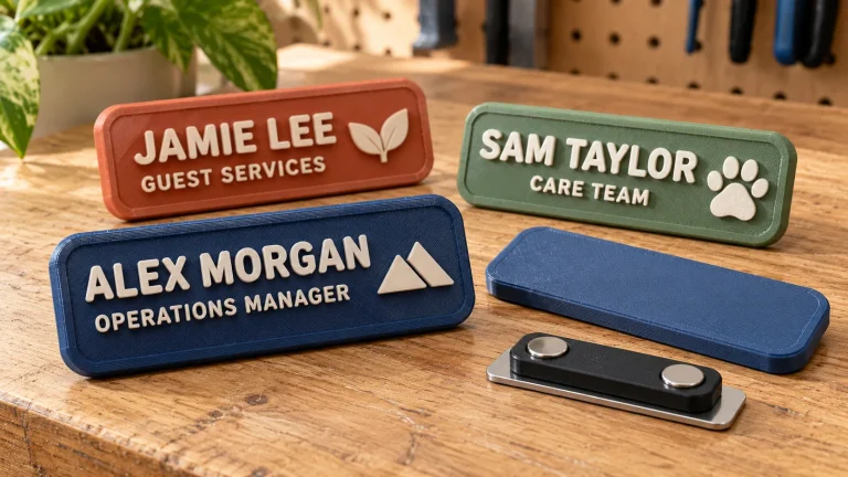 Three personalized FDM-printed magnetic employee name badges for operations, guest services and care staff, with a separate commercial magnetic fastener and flat badge back on a wooden workbench.