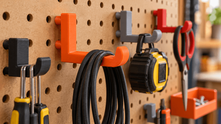 Custom 3D printed pegboard hooks holding a cable, tape measure, scissors, and hand tools on a workshop pegboard