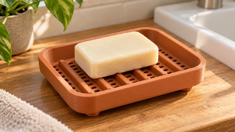 Terracotta 3D-printed soap dish with continuous raised rim, interior support ribs and perforated drainage floor holding a cream soap bar beside a white bathroom sink.